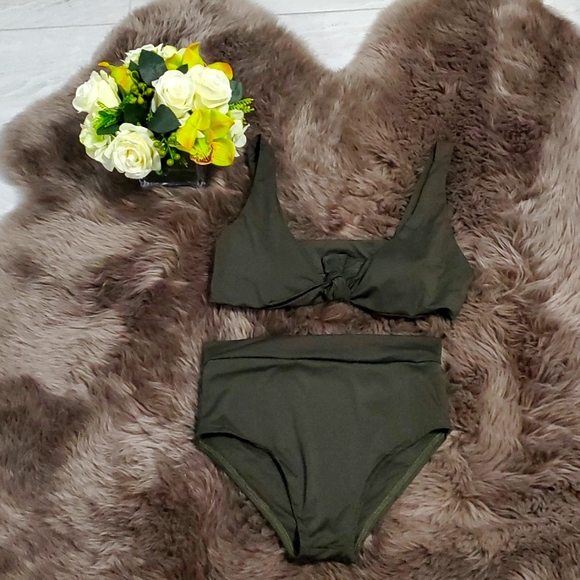 Olive Green High Waisted Bikini Tie Knot Two Piece Bathing Suits - Picture 1 of 3